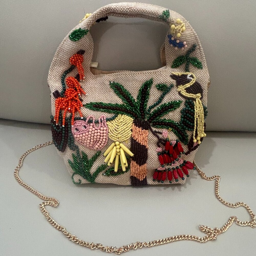 Antik Kraf tJungle Animals Palm Tree Beaded Mini Bucket Bag NW TikTok Viral
